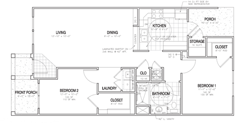 Floor plan for 2 beds, 1 bath, 1132 sqft